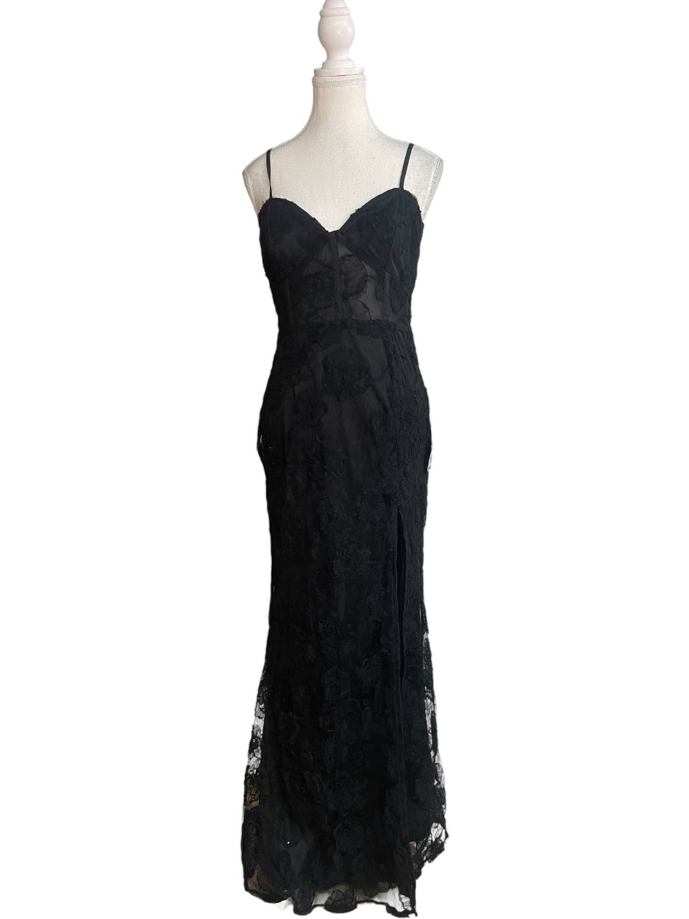 Lulus Sultry Direction Embroidered Floral Lace Sheer Bustier Maxi Dress Black
